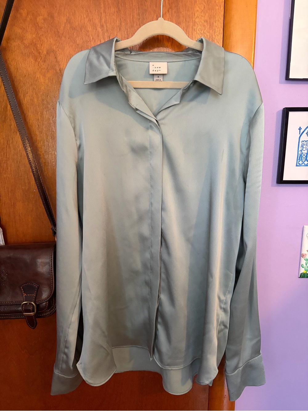a new day Men's Sage Green Satin Button-Up Shirt